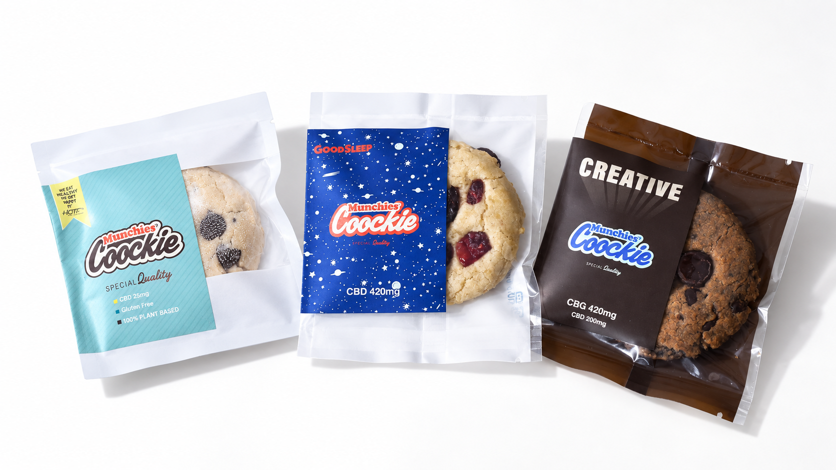 HCT HEMP CAFE TOKYO Munchies cookie 3種の製品パッケージ（CBD・CBG配合クッキー）